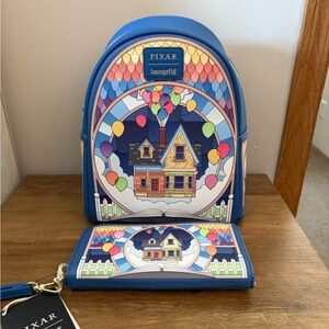 Loungefly Pixar Stained Glass Up Balloon House Backpack and Wallet NWT